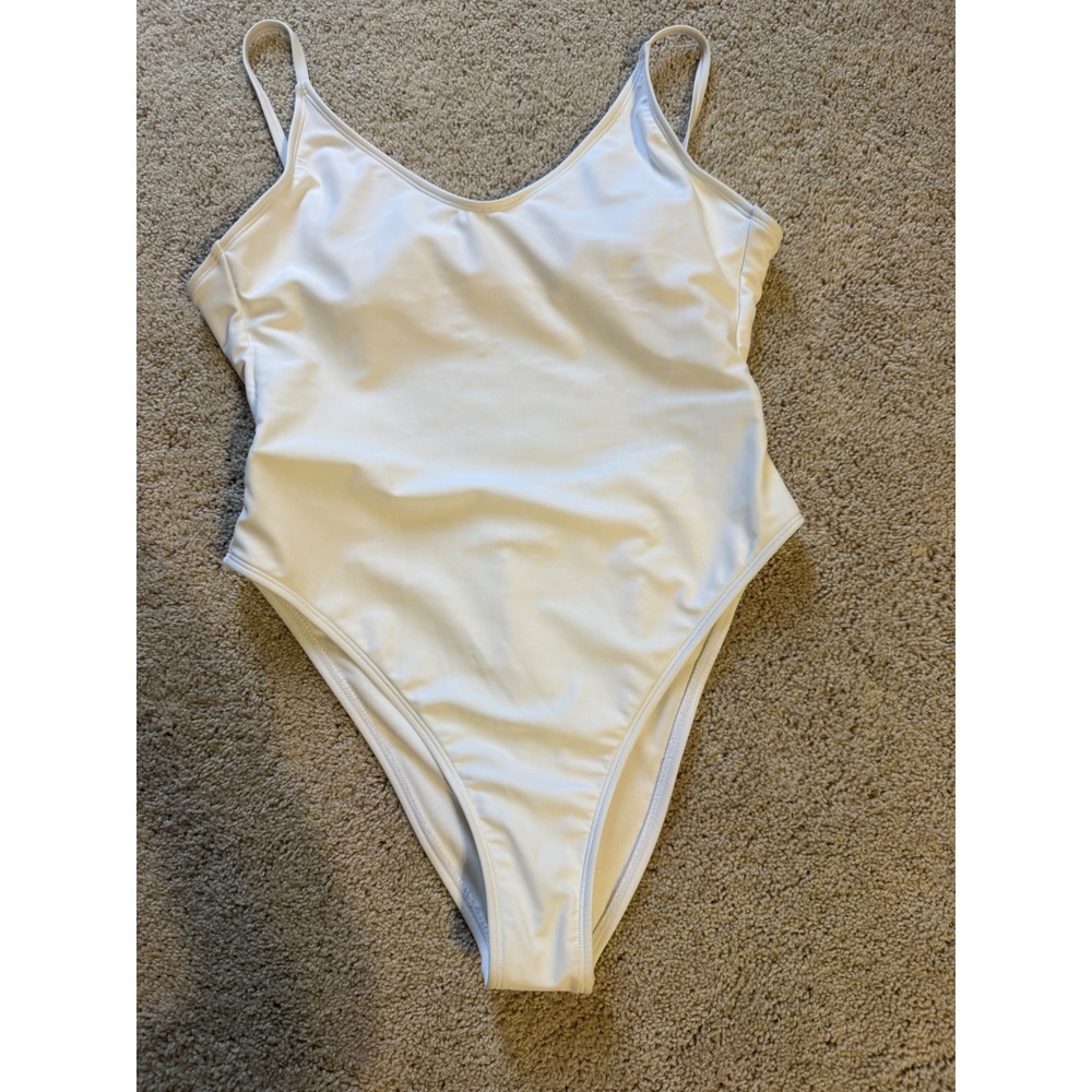 Wild Fable Womens White V-Neck High Cut Open Back One Piece Swimsuit Size M 8-10